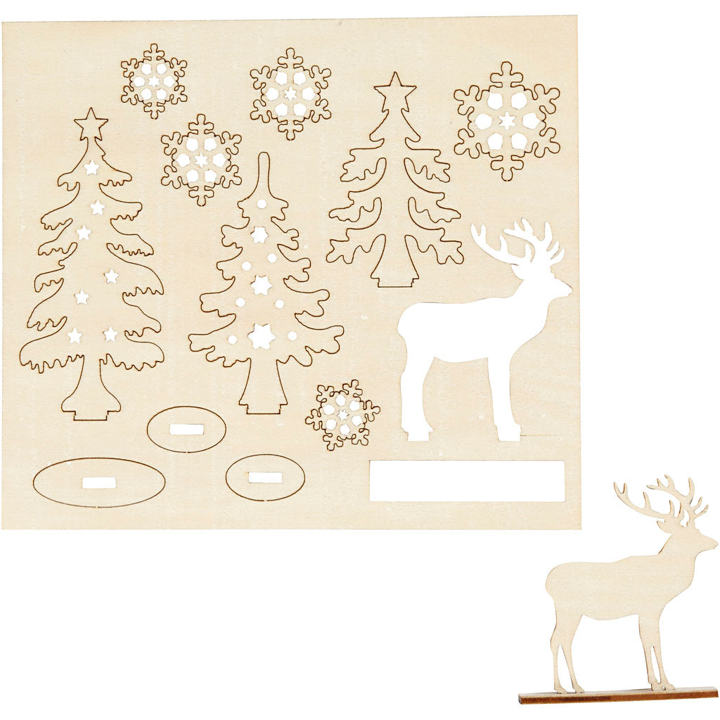 Creativ company diy wooden figures, forest with deer, l: 15.5 cm, w: 17 cm, thickness 3 mm, 1 box
