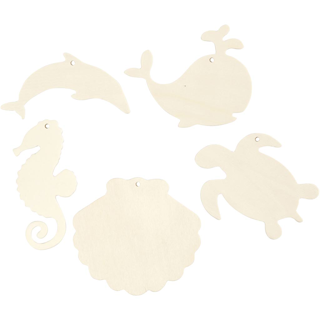 Creativ company sea creatures to hang, seahorse, turtle, dolphin, shell and whale, h: 5-10 cm, w: 5-10 cm, hole size 3 mm, thickness 2 mm, 5 pieces 1 box