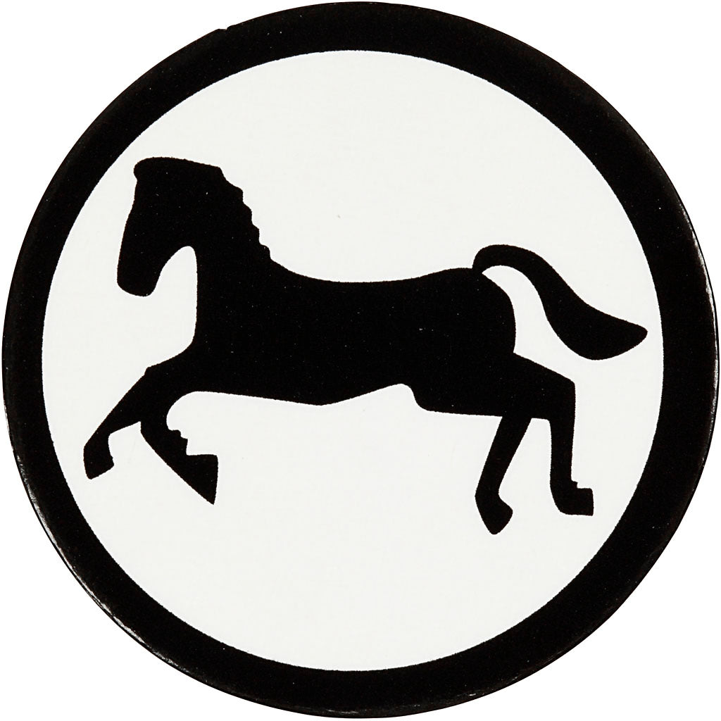 Creative company label, horse, d 25 mm, white black, 20 pieces in a box