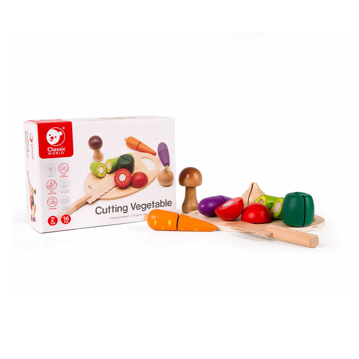 Klassinen maailman maailman puinen leikkaus vihanneksia veitsellä ja leikkuulautalla