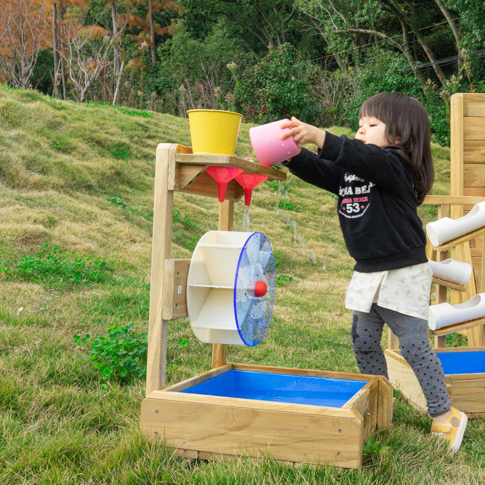 Classic world wooden water table with funnels and watermill