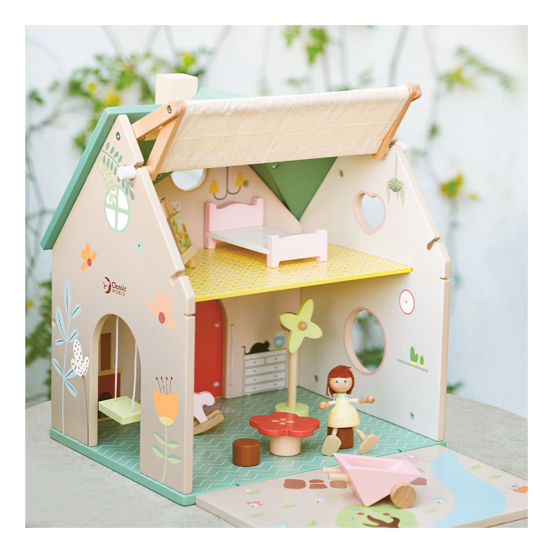 Classic World Wooden Dollhouse se zahradou, 10DLG.