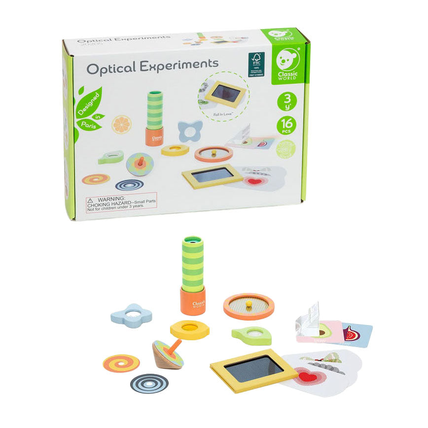 Klasikinio pasaulio optinių eksperimentų medinis žaidimų rinkinys, 16 vnt.