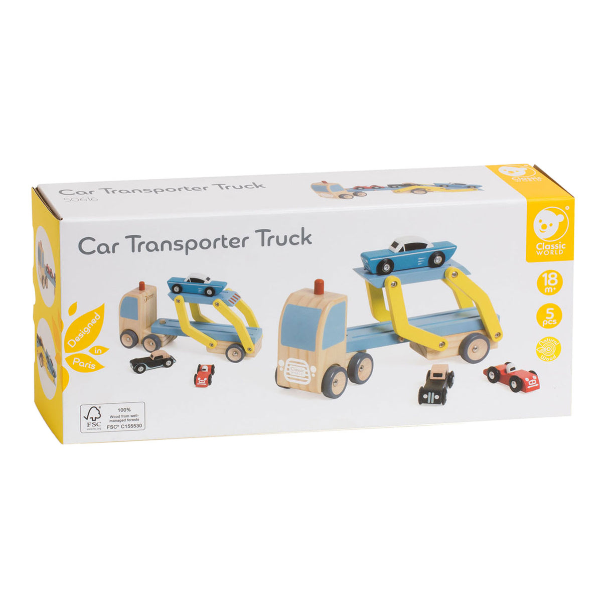 Transporteur en bois mondial classique avec 3 voitures