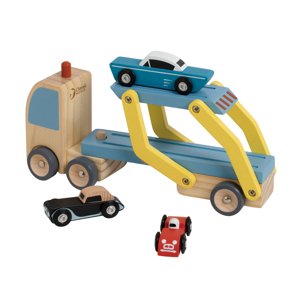 Transporteur en bois mondial classique avec 3 voitures