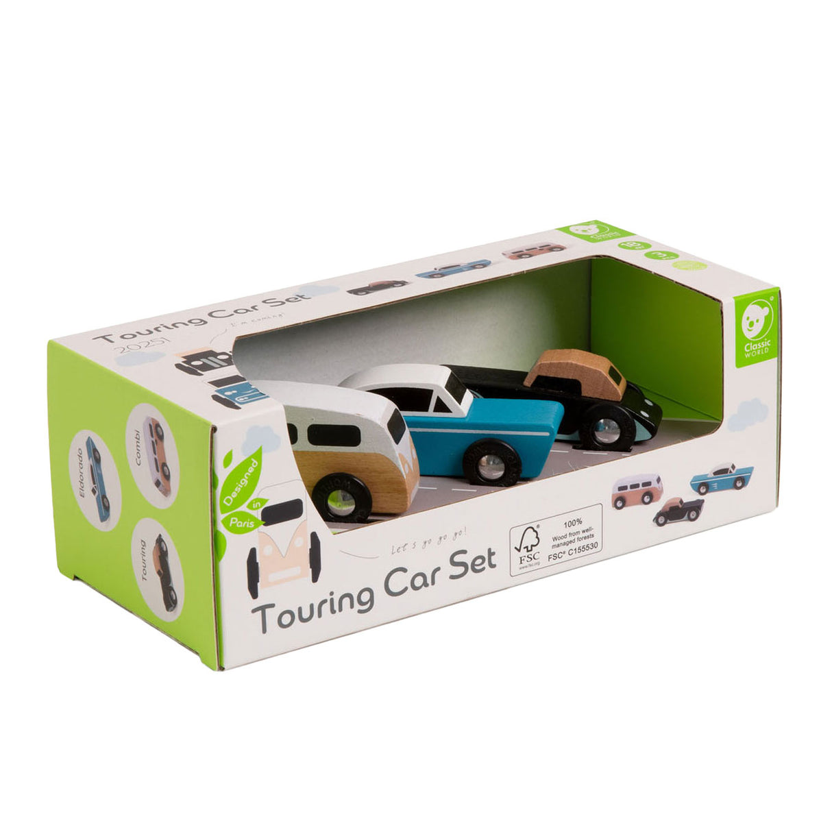 Klassisk världsturbilsset i trä, 3 st.