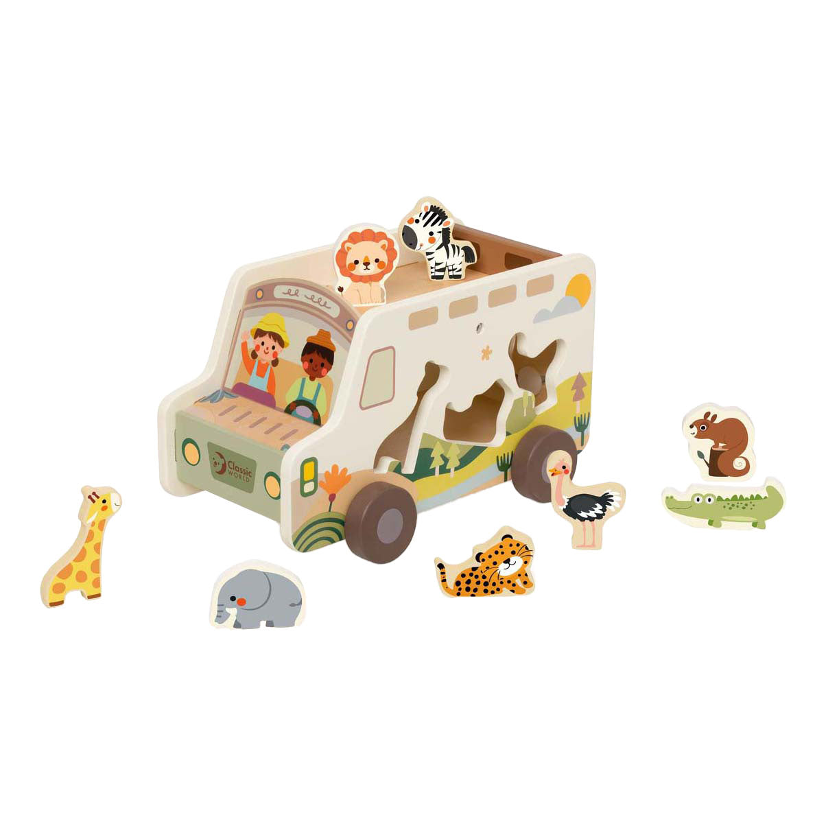 Klasický světový dřevěný dobrodružný safari třídič tvaru aut, 9 kusů.