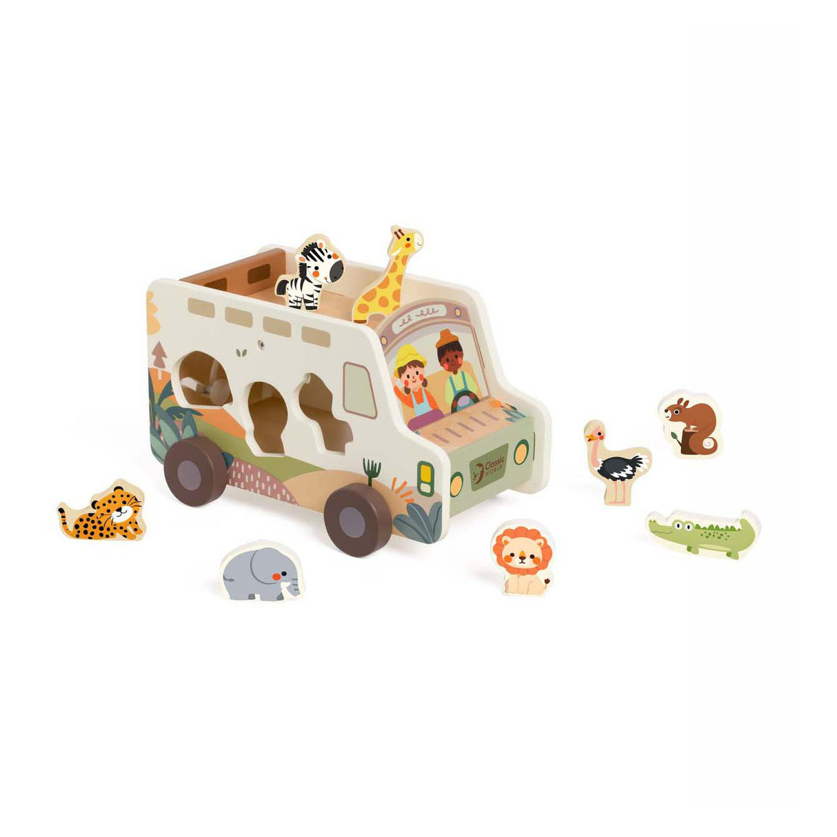 Klasický světový dřevěný dobrodružný safari třídič tvaru aut, 9 kusů.