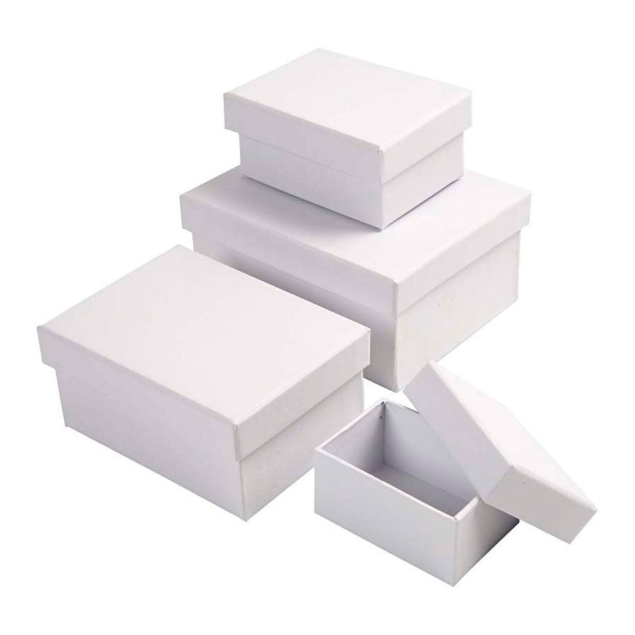Creativ company rectangular boxes, h: 3,5 + 4,5 + 5,5 + 6,5 cm, dim 7,5x5 + 9,5x7 + 11,5x8,5 + 14x11 cm, white, 4 pieces 1 set