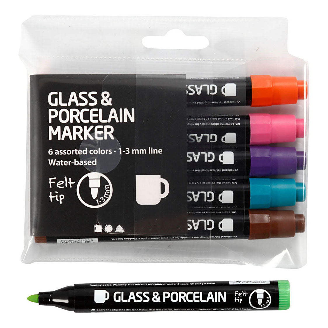 Creativ company glass and porcelain markers, line width 1-3 mm, semi-opaque, additional colours, 6 pieces 1 box