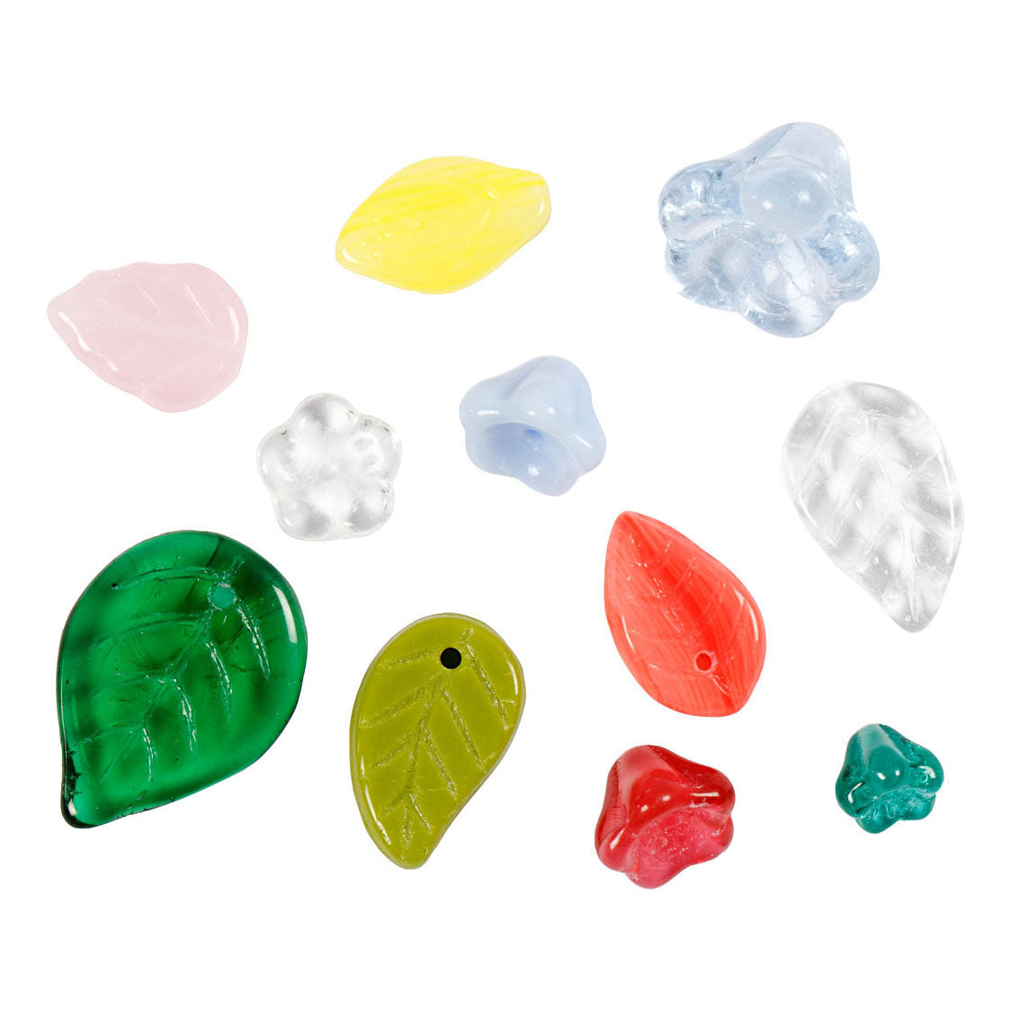 Creativ company glass beads, leaves, flowers, d 6-17 mm, hole size 0.5-1.5 mm, various colors, 60 gr 1 box