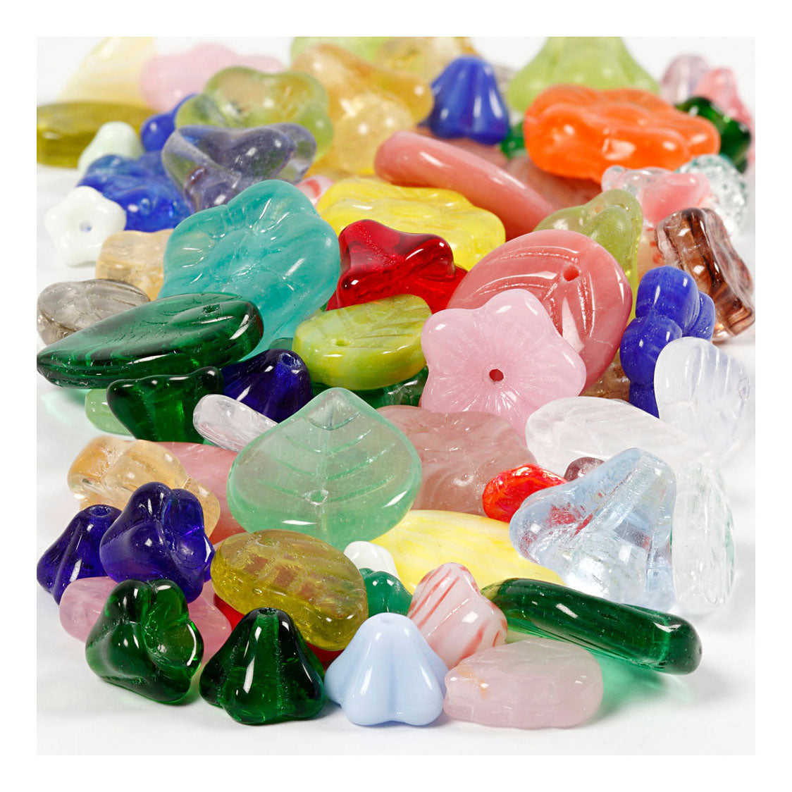 Creativ company glass beads, leaves, flowers, d 6-17 mm, hole size 0.5-1.5 mm, various colors, 60 gr 1 box