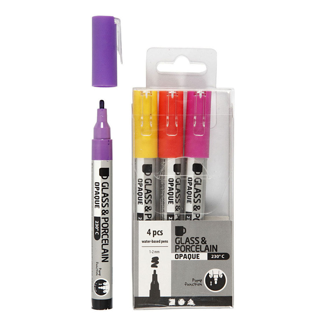 Creativ cég üveg-porcelán markerek, vonalszélesség 1-2 mm, félig átlátszatlan, narancs, lila, világospiros, sárga, 4 db 1 doboz