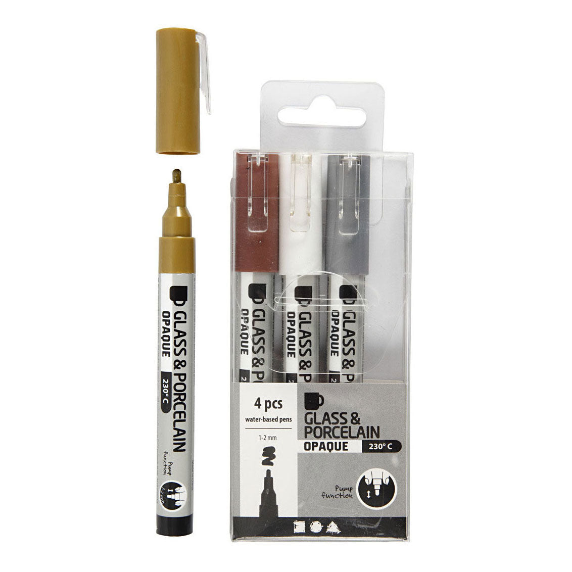 Creativ company glass-porcelain markers, line width 1-2 mm, semi-opaque, brown, gold, silver, white, 4 pieces 1 box