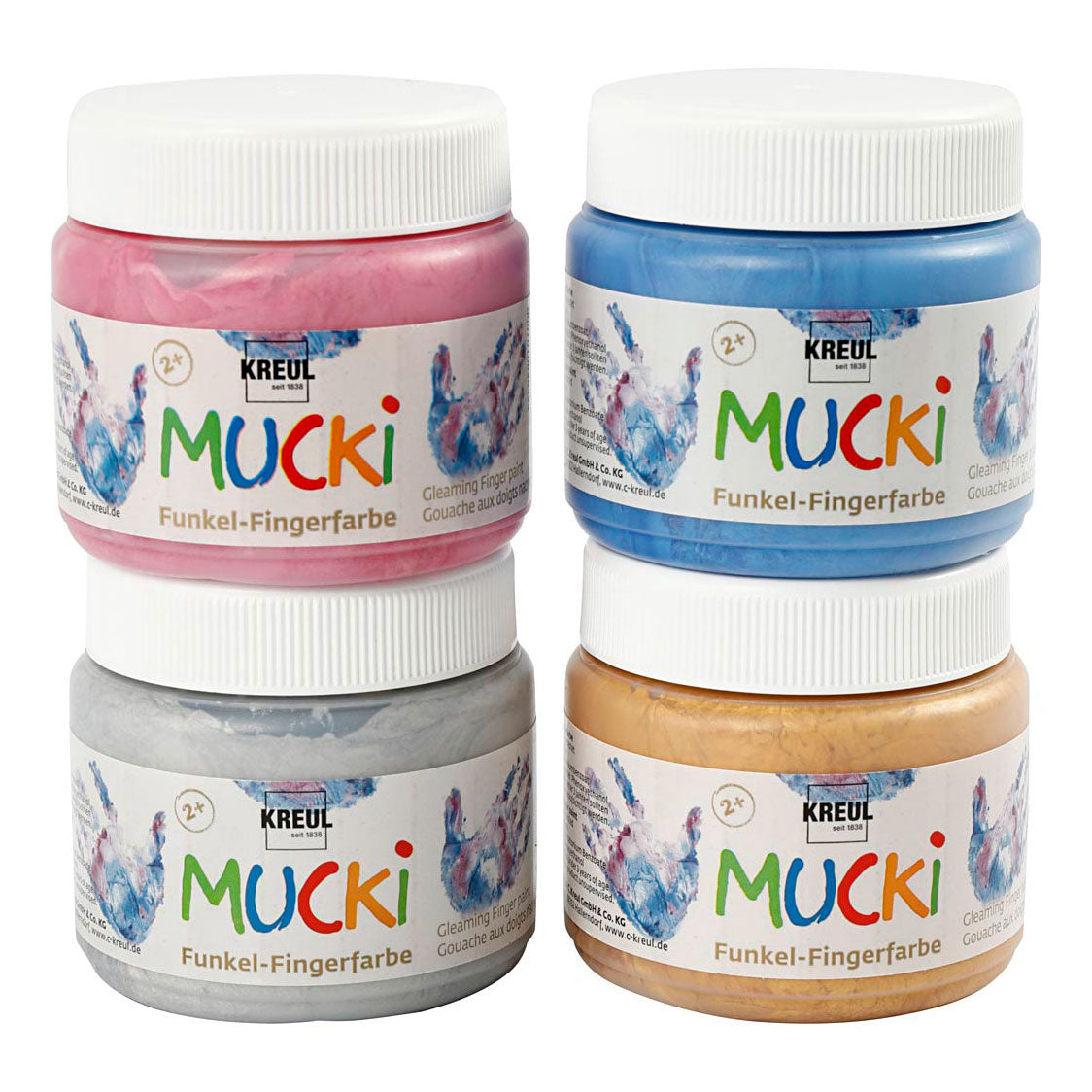 Creativ company mucki finger paint, metallic blue, metallic gold, metallic pink, metallic silver, 4x150 ml 1 box