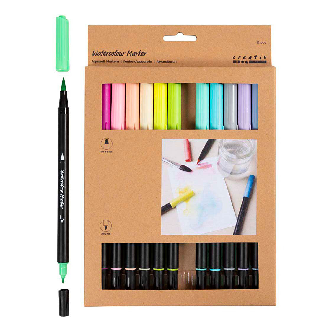Creativ company watercolor marker, pastel, line width 2+4-8 mm, various colors, 12 pieces 1 box