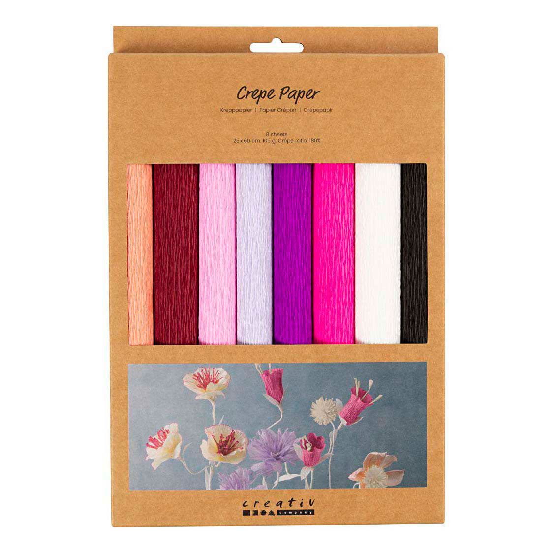 Creativ company crepe paper, sheet 25x60 cm, crepe ratio: 180%, 105 gr, purple pink harmony, 8 sheets 1 box