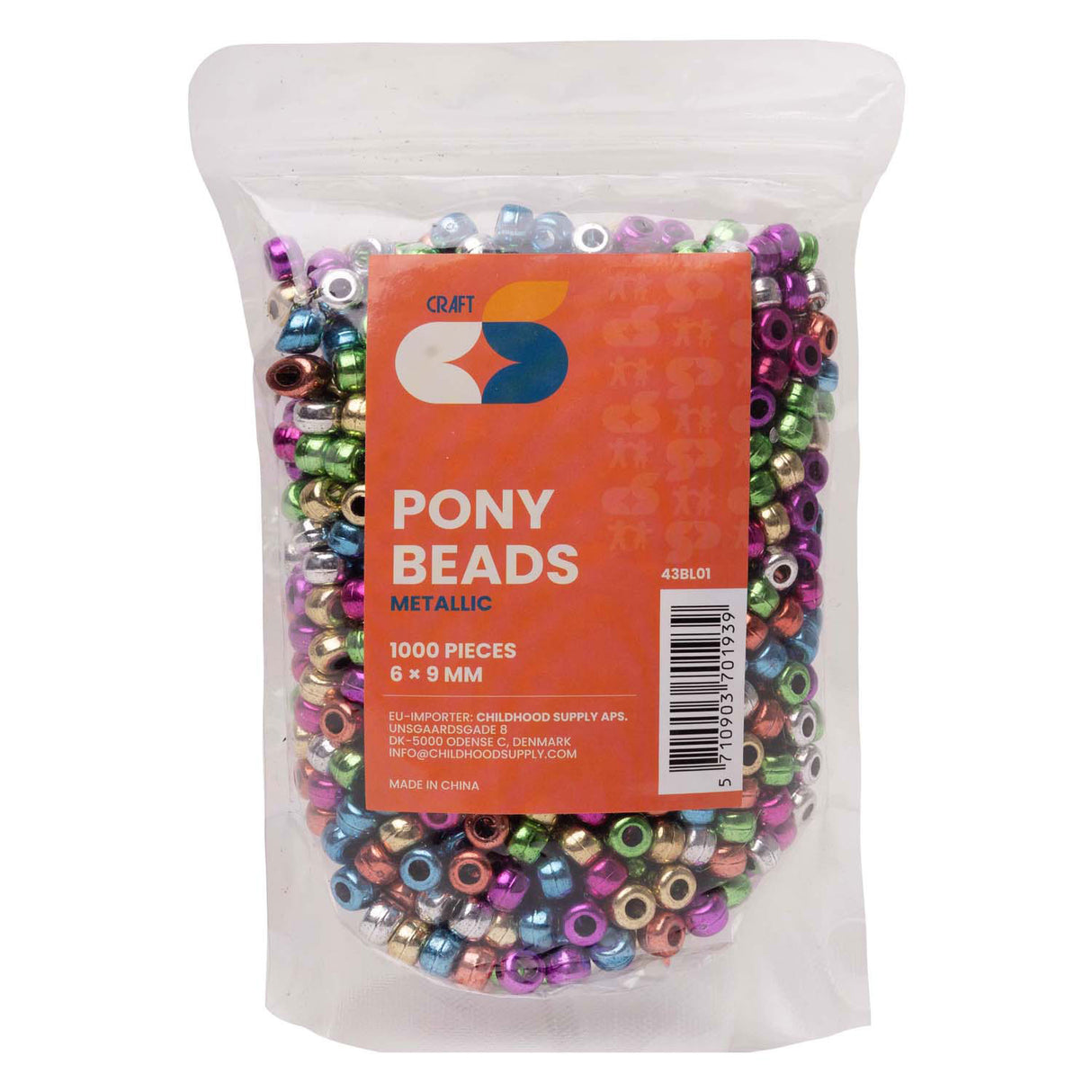 Colorations - pony beads metallic 6x9 mm, 1000pcs.