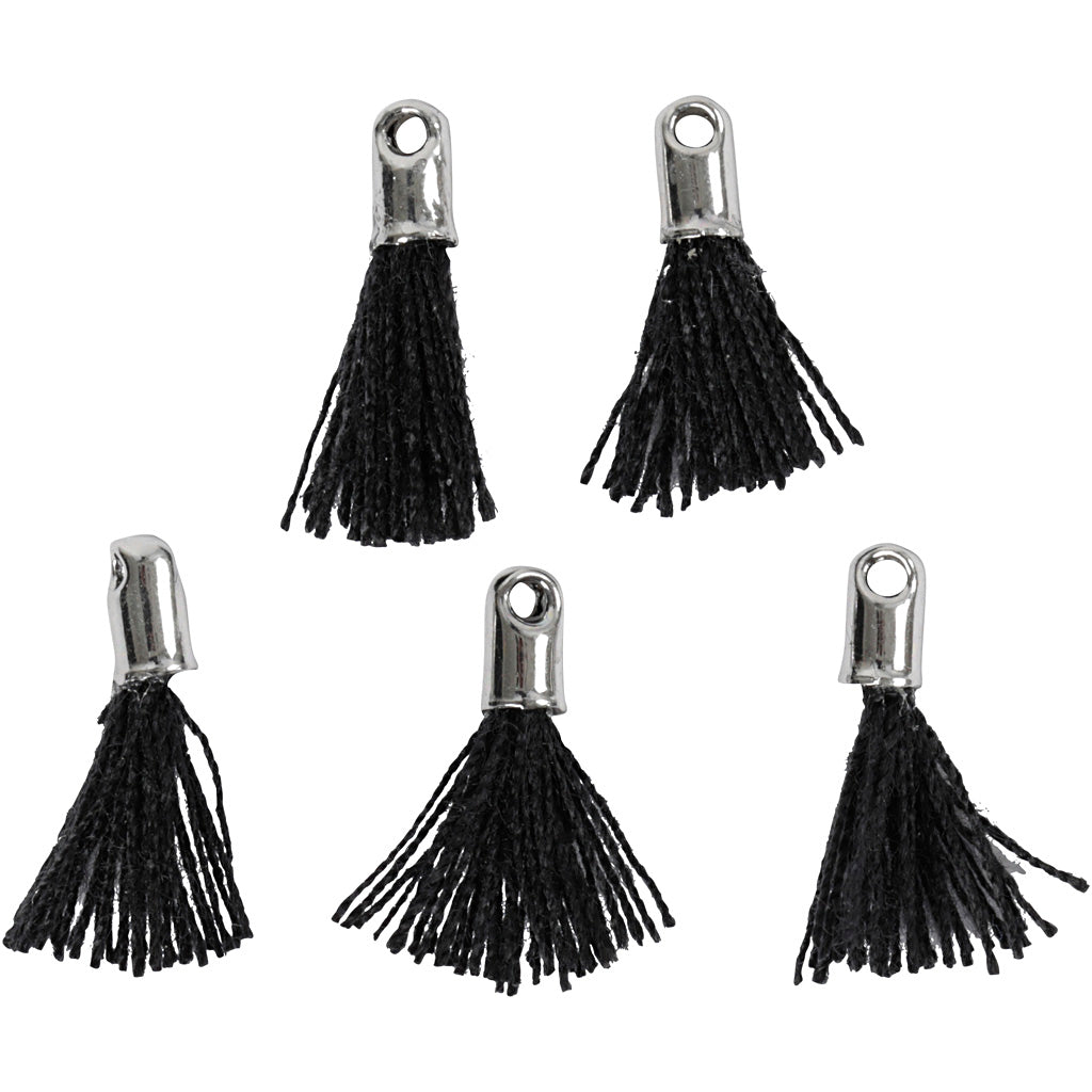 Creativ company tassel, l: 10 mm, hole size 1 mm, black, 5 pieces 1 box