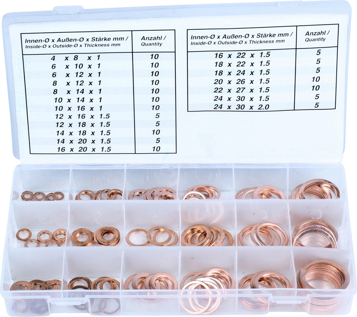 Condor sealing ring assortment 9000 copper seal ring assortment 150 pieces, 19 sizes