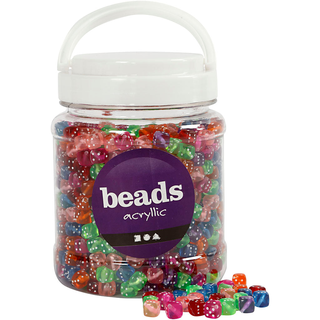 Creativ company dice beads, size 7x7 mm, hole size 1.5 mm, approx. 1070 pieces, various colors, 510 g, 700 ml 1 box