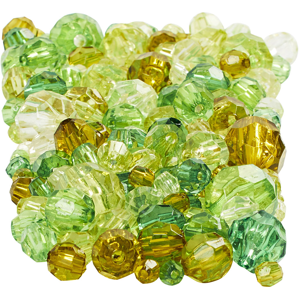 Creativ company facet beads, size 4-12 mm, hole size 1-2.5 mm, approx. 860 pieces, green glitter, 250 g 1 box
