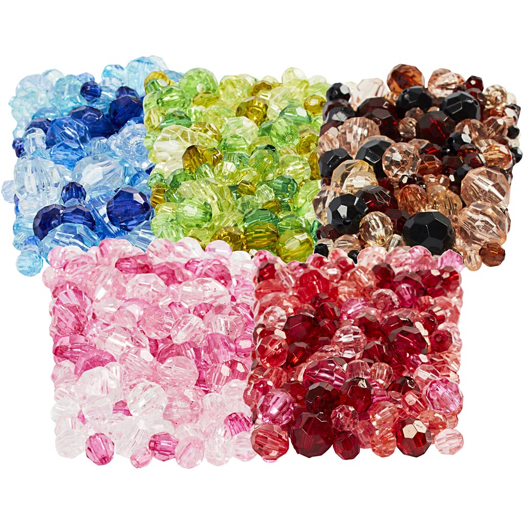 Creativ company facet beads, d 4-12 mm, hole size 1-2.5 mm, various colors, 7x250 gr 1 box
