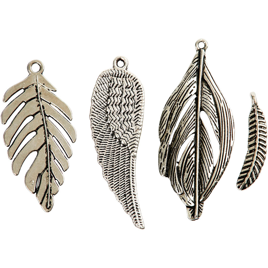 Creativ company feathers, size 29-55 mm, hole size 12-20 mm, antique silver, 4 pieces in a box