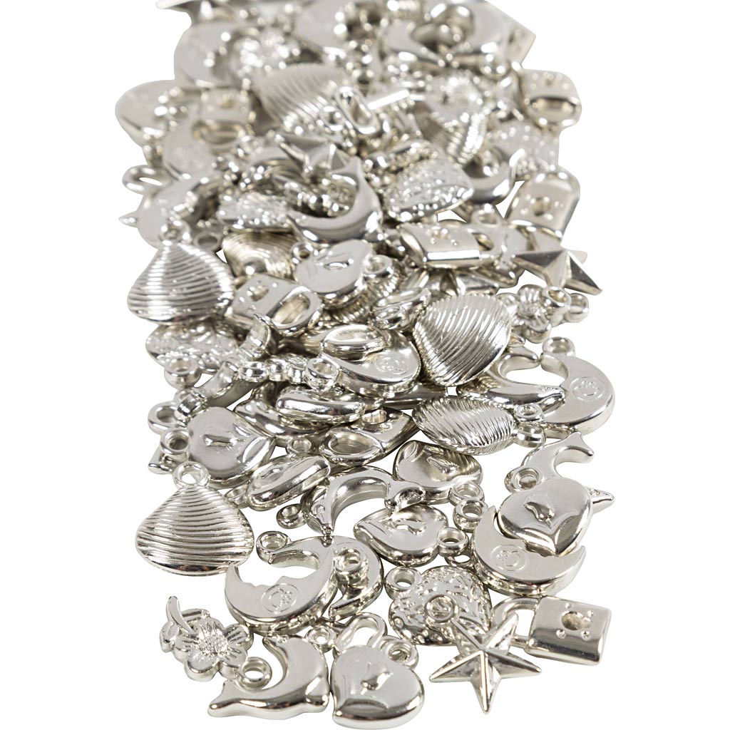 Creativ company silver charms, size 15-20 mm, hole size 3 mm, approx. 200 pieces, 80 g 1 box