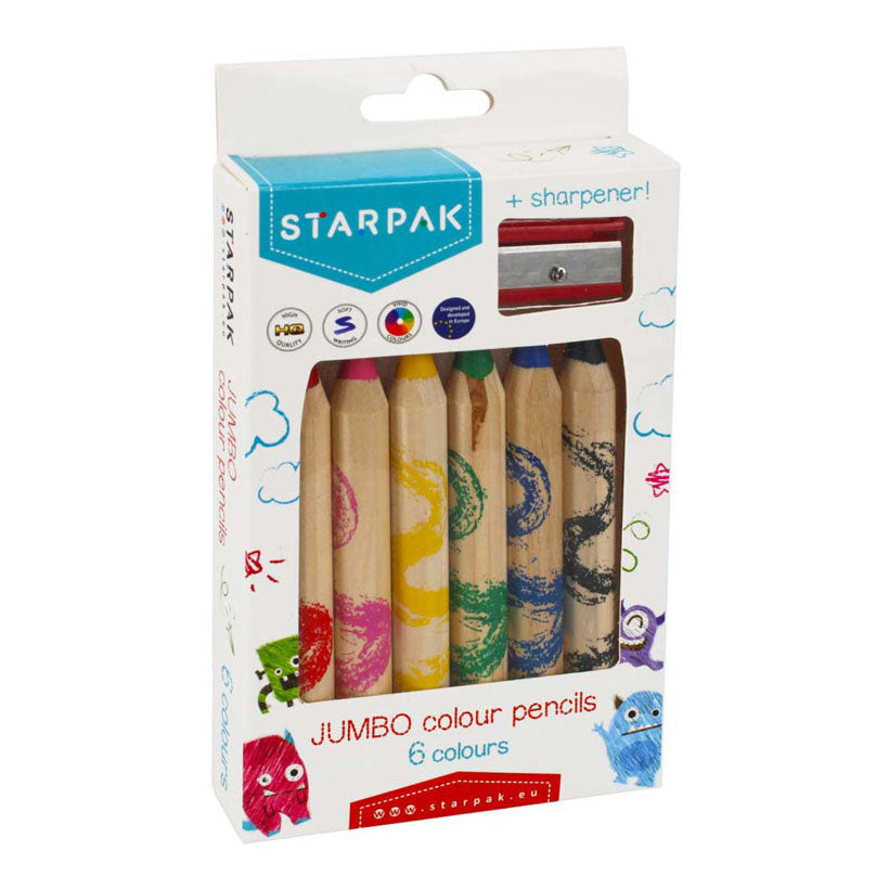 Jumbo crayons, 6 pcs. + pencil sharpener