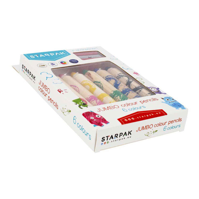 Jumbo crayons, 6 pcs. + pencil sharpener