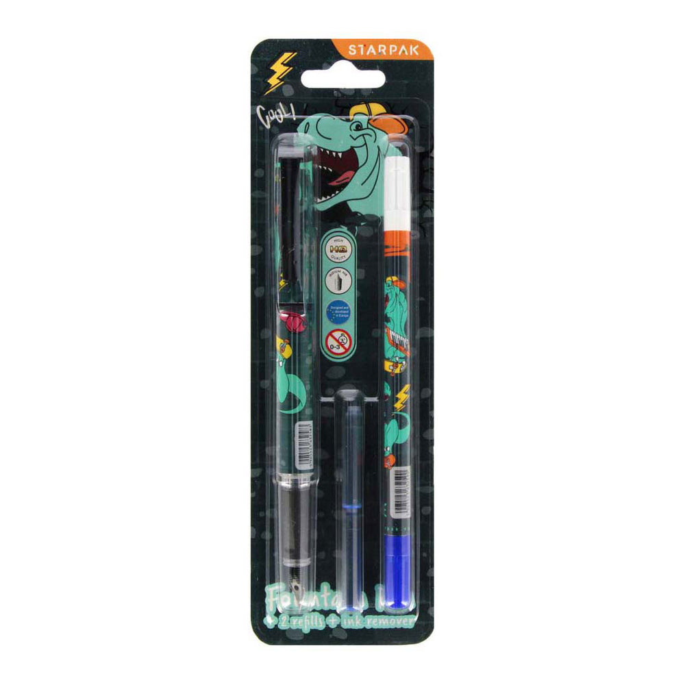 Fountain pen with 2 refills and ink remover skate dino
