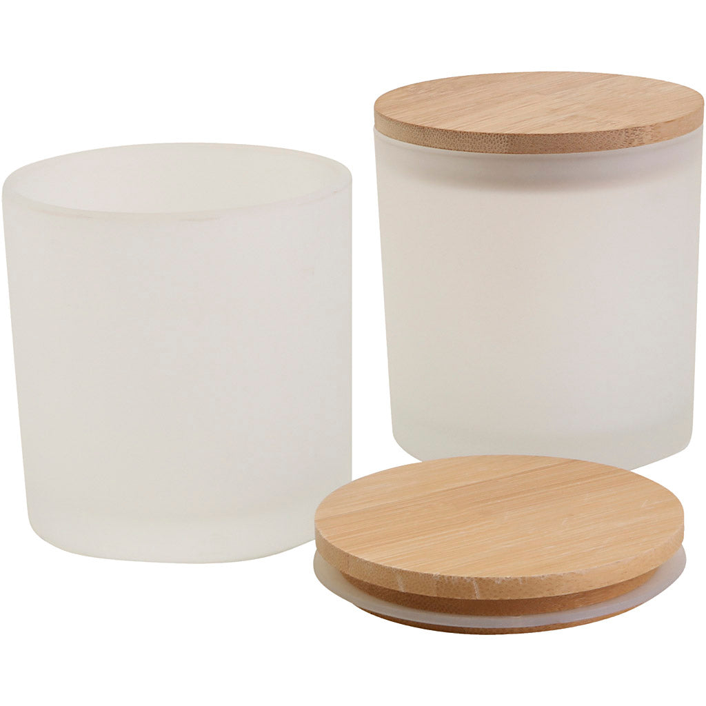 Glass jars with wooden lids, h: 9 cm, d: 8 cm, dim: 8 cm, 315 ml, 12 pieces in a box