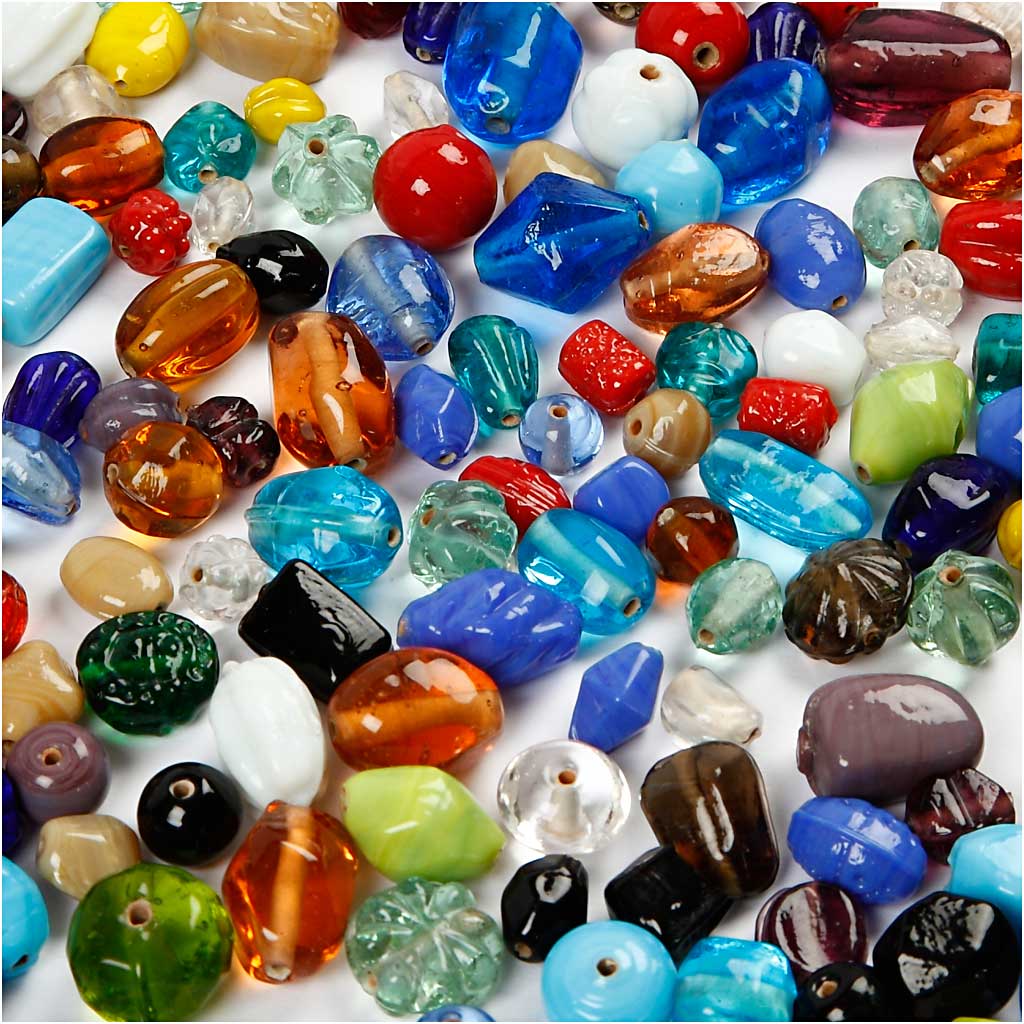 Creativ company glass beads, size 7-18 mm, hole size 1 mm, approx. 600 pieces, various colors, 1000 g 1 box