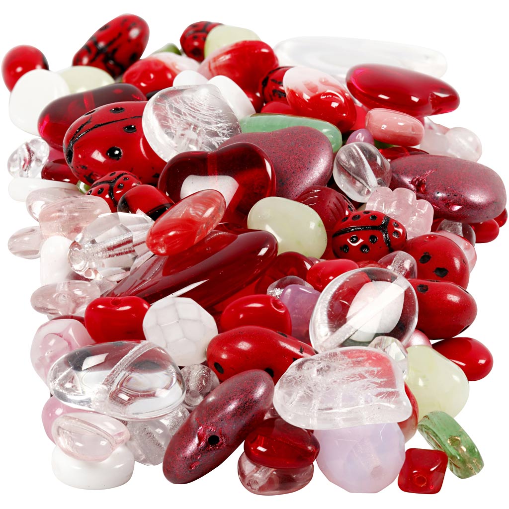 Creativ company glass beads, ladybug, leaves, hearts, d 5-22 mm, hole size 0.5-1.5 mm, various colors, 350 gr 1 box