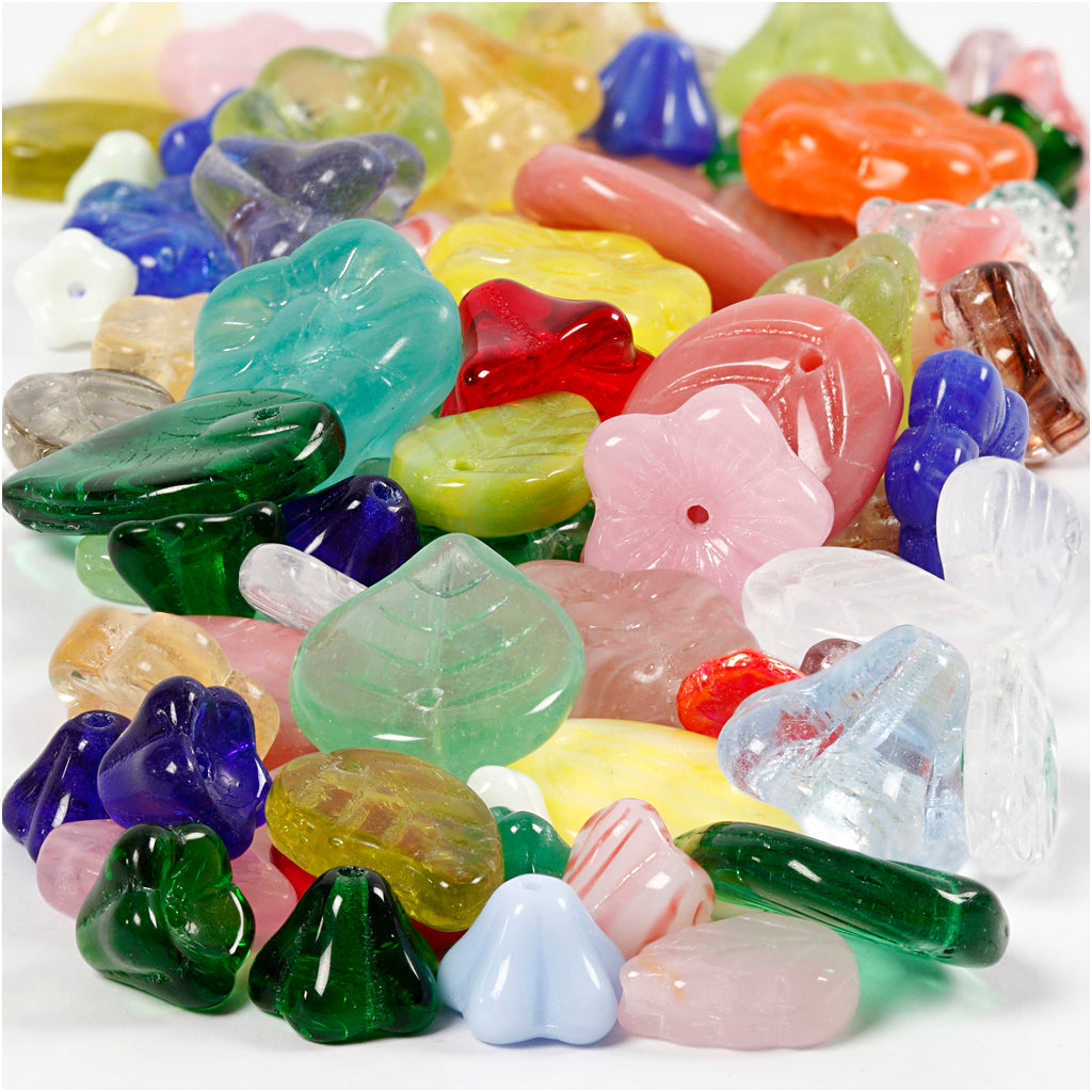 Creativ company glass beads, leaves, flowers, d 6-17 mm, hole size 0.5-1.5 mm, various colors, 60 gr 1 box
