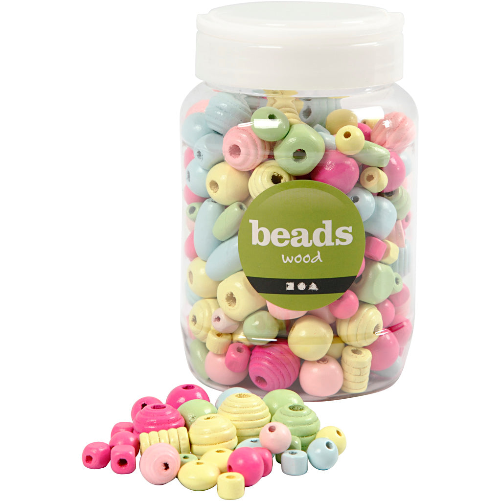 Creativ company wooden beads, d 10-15 mm, hole size 3-5 mm, light blue, light green, light red, light yellow, 400 ml 1 bucket