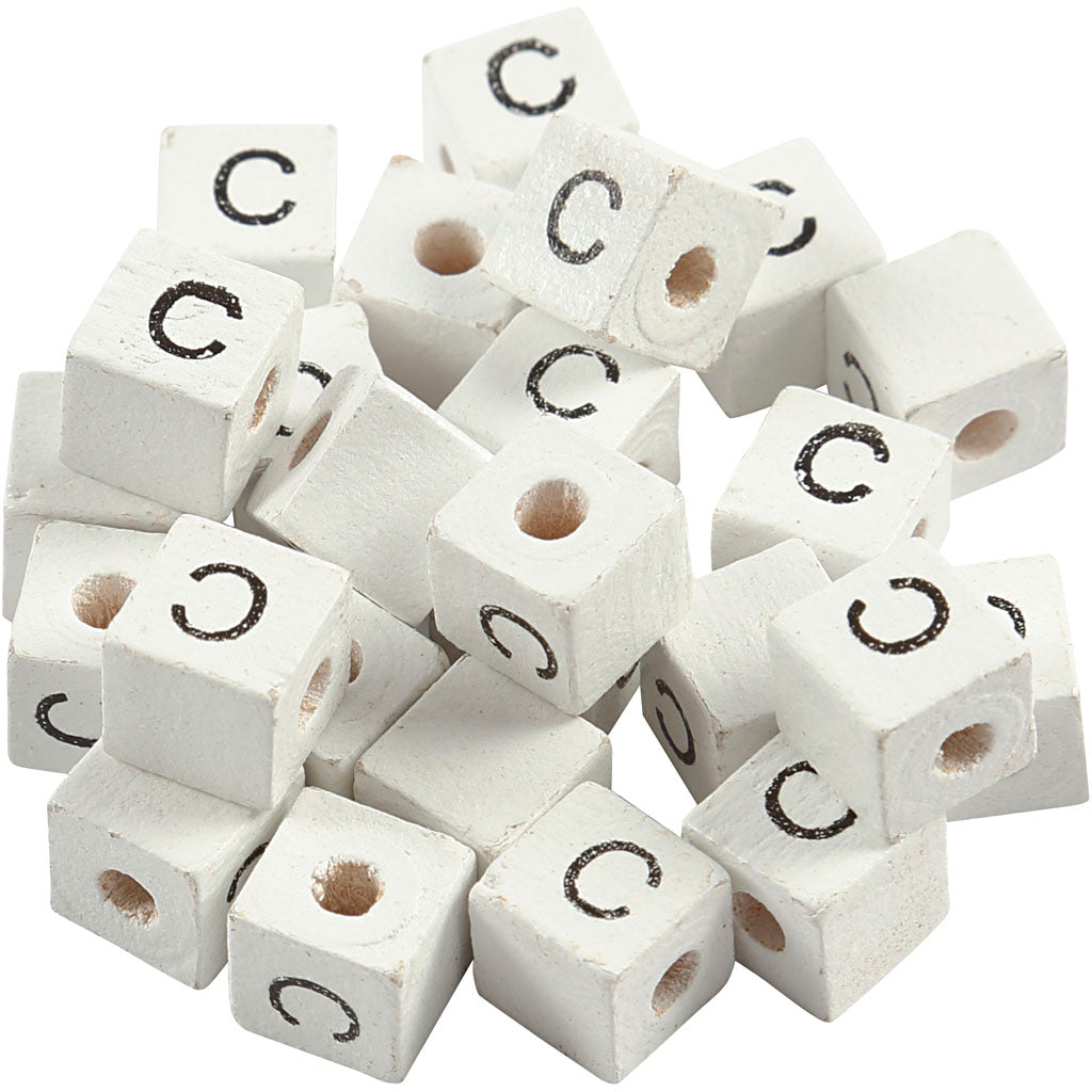 Creativ company letter beads, C, size 8x8 mm, hole size 3 mm, white, 25 pieces in a box