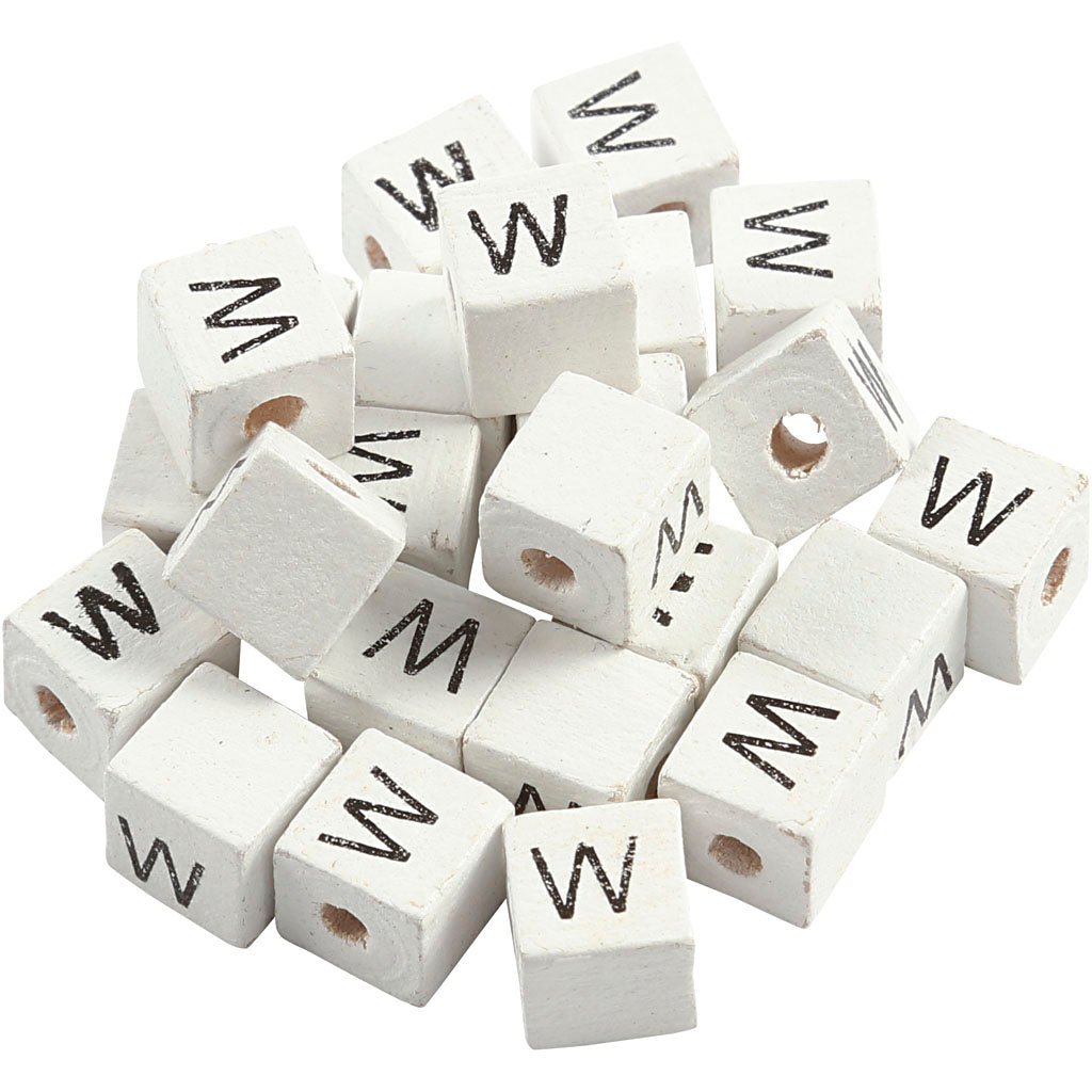 Creativ company letter beads, w, size 8x8 mm, hole size 3 mm, white, 25 pieces in a box
