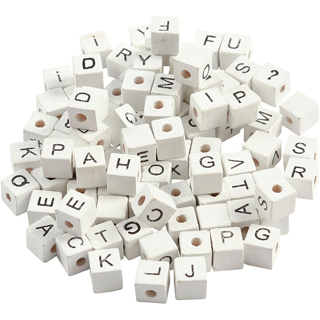 Creative Company letter beads, az, , #, ? and blank, size 8x8 mm, hole size 3 mm, white, 96 div. 1 box