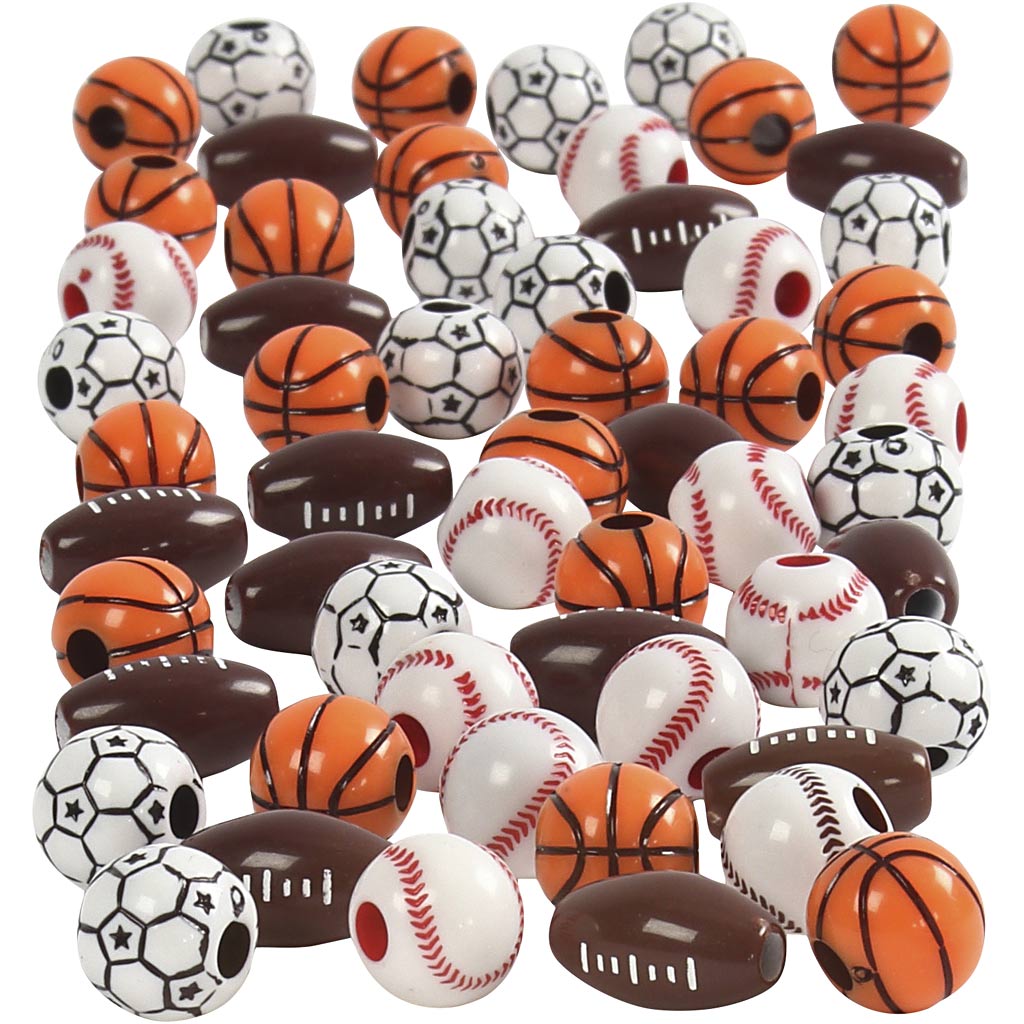 Creativ company sports beads, size 11-15 mm, hole size 3-4 mm, approx. 55 pieces, various colors, 45 g 1 box