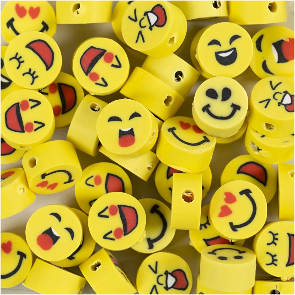 Creativ company figure beads, emoji, d 10 mm, hole size 1.5 mm, approx. 60 pieces, 60 pieces 1 box