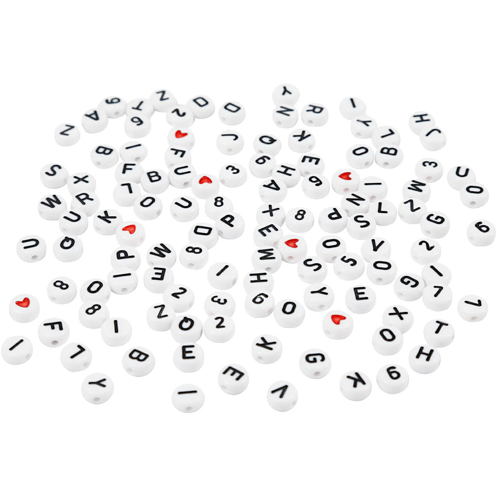 Letter beads white 7mm, 200 pcs.