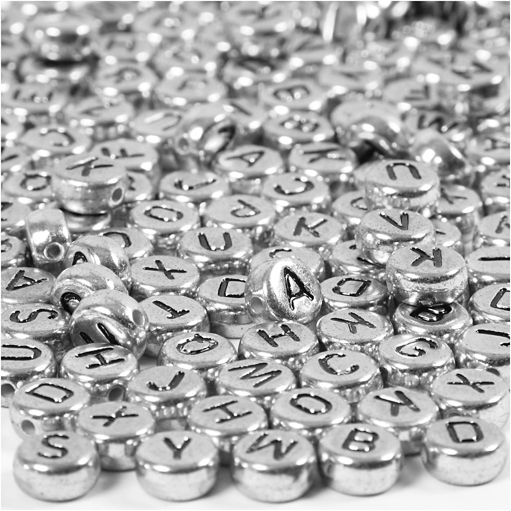 Creativ company letter beads, d 7 mm, hole size 1.2 mm, approx. 200 pieces, silver, 21 g 1 box