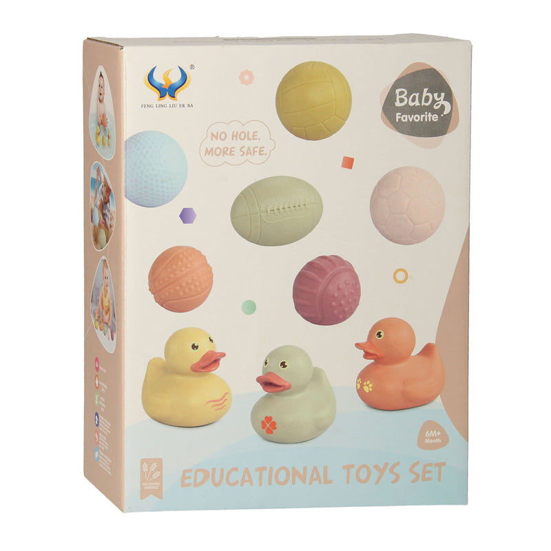 Bath toy set with sensory bath balls, rubber ducks, pastel