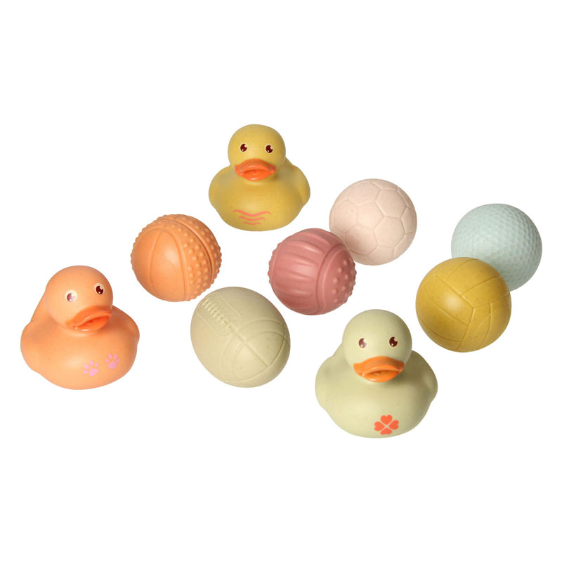 Bath toy set with sensory bath balls, rubber ducks, pastel