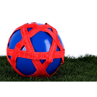 Blue cross ball with red rubber band