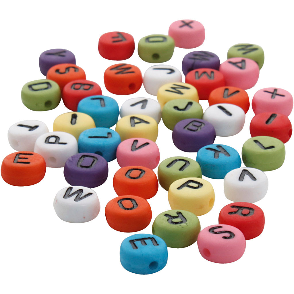 Round letter beads, d 7 mm, hole size 1-2 mm, thickness 4 mm, various colours, 500 gr 1 box