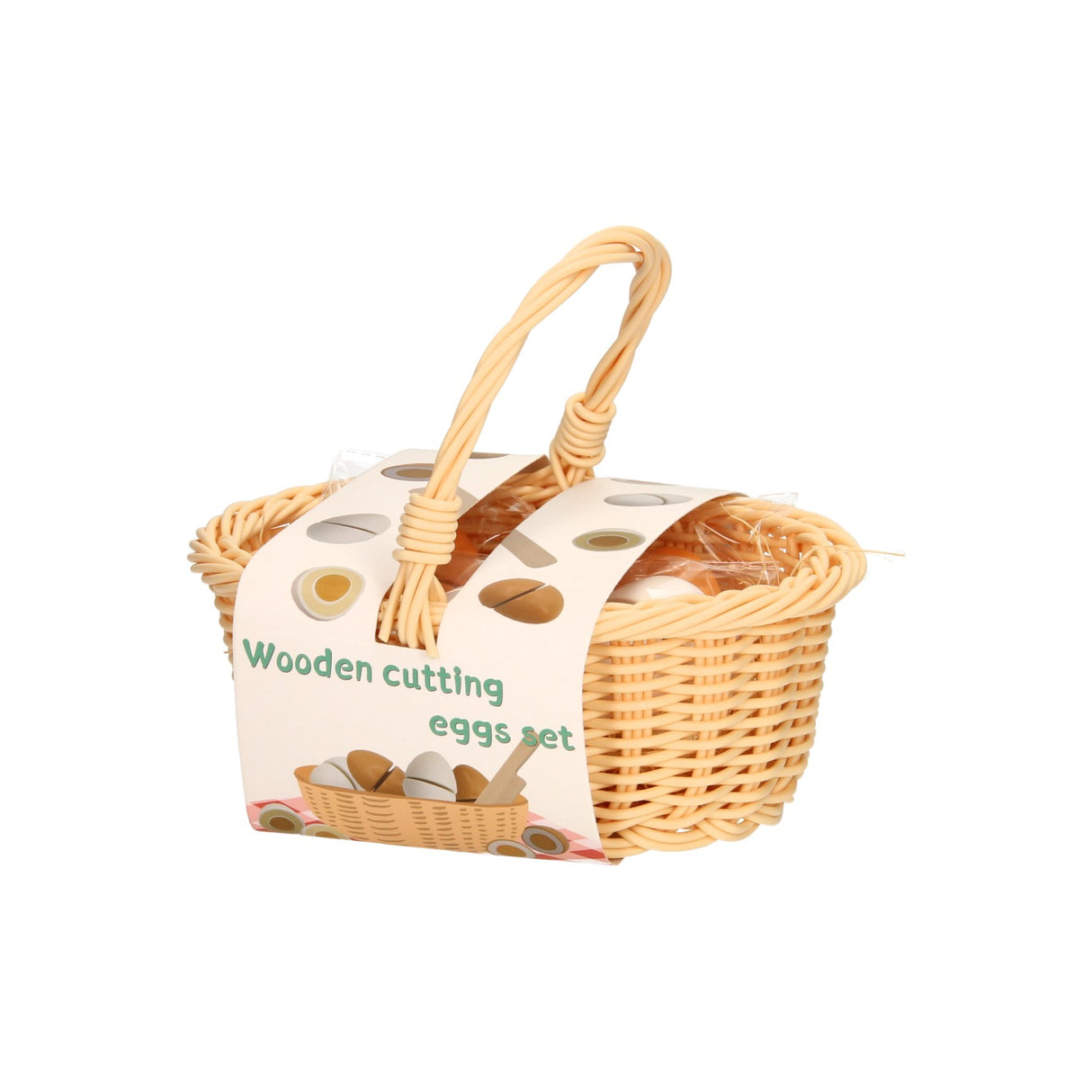 Narežte vajcia drevo v plastovom prútenom košíku