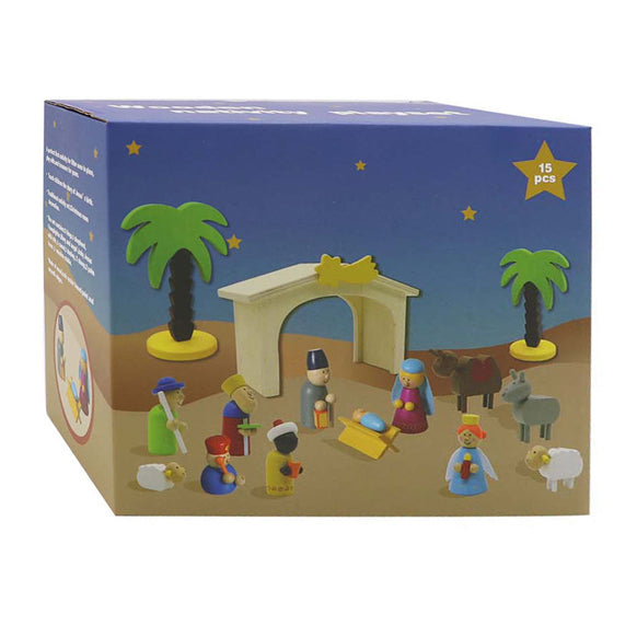 Medinė gimimo scena su žaidimų figūrėlėmis